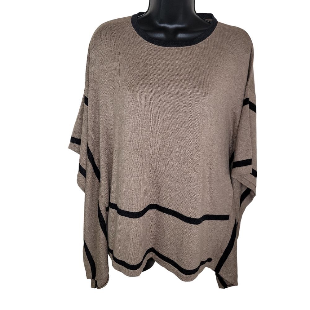 August Silk Neutral Cotton Blend Knit Poncho Sweater Medium